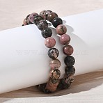 Natural Rhodonite Round Beaded Stretch Bracelets, Inner Diameter: 2.26 inch(5.75cm), bead: 9~9.5mm(GG-CBA12F1-02A-01)
