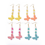 Butterfly Dangle Earrings, with Handmade Polymer Clay Heishi Beads, Spray Painted Iron Pendants and Brass Earring Hooks, Mixed Color, 84.5mm, Pin: 0.6mm(EJEW-JE04085)