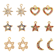 SUPERFINDINGS 12Pcs 6 Style Alloy Rhinestone Pendants, Mixed Shape, Golden, Colorful, 12.5~24x9~22x1.5~4mm, hole: 1.2~1.4mm, 2pcs/style(FIND-FH0002-72)