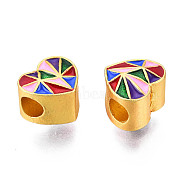 Alloy Enamel European Beads, Large Hole Beads, Matte Style, Cadmium Free & Lead Free, Heart, Matte Gold Color, Colorful, 9.5x10.5x8mm, Hole: 4mm(KK-N238-079)