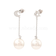 Shell Pearl Round Dangle Stud Earrings, Moon & Star Real Platinum Plated Rhodium Plated 925 Sterling Silver Asymmetrical Earrings with Cubic Zirconia, Seashell Color, 45x12mm(EJEW-Z024-08B-P)