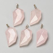 Natural Rose Quartz Pendants, Lover Half Heart Stone Faceted Charms with Platinum Brass Snap on Bails, 39x21x8.5mm, Hole: 4x3.5mm(G-P445-D09)