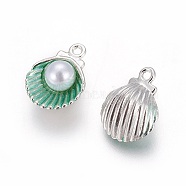 Alloy Enamel Pendants, with Acrylic Pearl Beads, Shell, Platinum, Green, 15x11.5x7mm, Hole: 1.4mm(X-PALLOY-F224-03P-02)