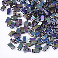 Electroplate Opaque Glass Seed Beads, 2-Hole, Rectangle, Rainbow Plated, 4.5~5.5x2x2~2.5mm, Hole: 0.5~0.8mm(SEED-S023-20B-05)