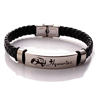 Braided Leather Cord Bracelets, Constellation Bracelet for Men, Aquarius, 8-1/4 inch(21cm)(PW-WG99416-11)