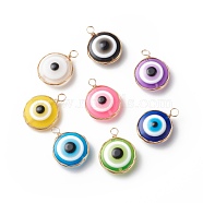 Transparent Evil Eye Resin Pendants, with Copper Wire Wrapped, Mixed Color, Flat Round Charm, Light Gold, 28.5~29x21.5~22.5x9mm, Hole: 4~4.5mm(PALLOY-JF01845-01)