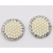 Acrylic Pearl & Rhinestone Shank Buttons, with Silver Plated Alloy Findings, 1-Hole, Flat Round, WhiteSmoke, 19mm, Hole: 2mm(BUTT-WH0003-01)