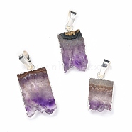Rough Raw Natural Amethyst Slice Pendants, with Eco-Friendly Brass, Lead Free & Cadmium Free, Silver, 18~24x11.5~14.5x3.5~5mm, Hole: 7.5x5mm(G-K324-03S)