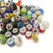 European Beads, Large Hole Beads, Gade A Glass Rhinestone and Polymer Clay, Silver Color Brass Core, Rondelle, Mixed Color, 11.5x7mm, Hole: 4.5mm(N266T-A)