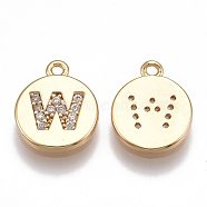 Brass Cubic Zirconia Charms, Flat Round with Letter, Nickel Free, Real 18K Gold Plated, Clear, Letter.W, 12x10x2mm, Hole: 1mm(KK-T038-194G-W)
