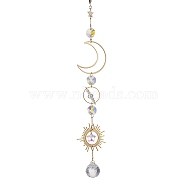 Brass Star Moon Pendant Decorations, Glass Round Tassel for Home Decorations, Golden, 336mm(HJEW-TA00260)