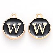 Golden Plated Alloy Charms, Cadmium Free & Lead Free, with Enamel, Enamelled Sequins, Flat Round with Letter, Black, Letter.W, 14x12x2mm, Hole: 1.5mm(ENAM-S118-02W)