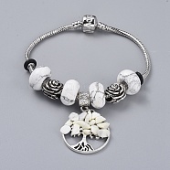 Brass European Bracelets, with Natural Howlite Rondelle Beads, Tibetan Style Alloy Flower Beads and Alloy Gemstone Charms, Flat Round with Tree, 7-1/2 inch(19cm)(BJEW-JB04795-04)