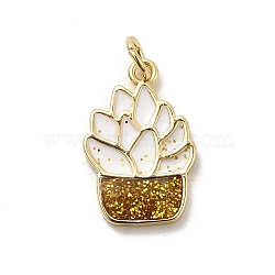 Brass Enamel Pendants, Plant Charms, Rack Plating, Long-Lasting Plated, Cadmium Free & Lead Free, Real 18K Gold Plated, with Jump Ring & Glitter Powder, White, 18.5x12x1.5mm, Hole: 3mm(KK-P338-39G-01)