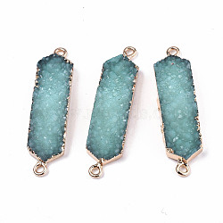 Resin Druzy Links Connectors, with Edge Light Gold Plated Iron Findings, Hexagon, Dark Turquoise, 43.5x10.5x7mm, Hole: 1.8mm(RESI-S383-079E)