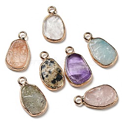 Natural Mixed Stone Pendants, Oval Charms with Golden Plated Brass Frame, 19~20x10~12x2.5~3mm, Hole: 2.3mm(KK-C034-02G)