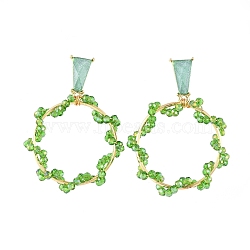 Glass Beads Dangle Ear Studs, with Brass Rings, Plastic Ear Nuts, Alloy Findings, Cardboard Box, Flower, Green, 47mm, Pin: 0.7mm(EJEW-JE03916-02)