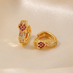 Elegant Heart-shaped Brass Cubic Zirconia Hoop Earrings for Women, Perfect Gift for Daily Wear, Golden, Red, 13x5.5mm(CH6025-2)