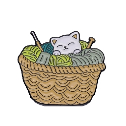 Yarn Knitting Theme Basket & Cat Enamel Pins, Black Alloy Cartoon Badge for Backpack Clothes, BurlyWood, 25x30mm(PW-WG86383-03)