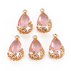 Transparent Glass Pendants, for DIY Jewelry Making, with Brass Findings, Faceted, Teardrop with Flower, Light Gold, Pink, 16x9x6mm, Hole: 1.2mm(X-GLAA-T007-05I)