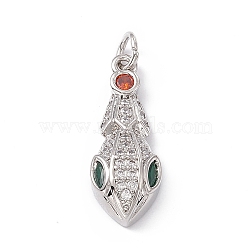 Brass Micro Pave Cubic Zirconia Pendants, Snake Head Charm, Platinum, 23.5x9x5mm, Hole: 3mm(KK-P224-04P)