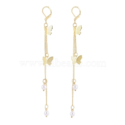 Leverback Dangle Earring, with Plastic Imitation Pearl Beads, Brass Filigree Charms, Twisted Chains and Brass Leverback Hoop Earrings, Butterfly, Golden, 126mm, Pin: 0.7x0.6mm(EJEW-JE04072)