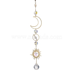 Brass Star Moon Pendant Decorations, Glass Round Tassel for Home Decorations, Golden, 336mm(HJEW-TA00260)