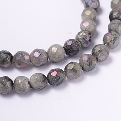Electroplate Natural Labradorite Round Bead Strands, Faceted, 4mm, Hole: 1mm, about 91pcs/strand, 14.9 inch(G-L377-36-4mm)