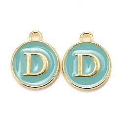 Golden Plated Alloy Enamel Charms, Cadmium Free & Lead Free, Enamelled Sequins, Flat Round with Letter, Turquoise, Letter.D, 14x12x2mm, Hole: 1.5mm(ENAM-S118-05D)