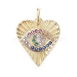 Brass Micro Pave Cubic Zirconia Pendants, Long-Lasting Plated, Heart with Eye, Colorful, Real 18K Gold Plated, 16x14x2mm, Hole: 3.1mm(X-ZIRC-G160-47G)