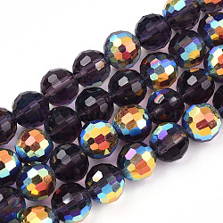 Transparent Electroplate Glass Beads Strands, Faceted, Half AB Color Plated, Round, Indigo, 8x7~7.5mm, Hole: 1.0mm, about 66~69pcs/strand, 18.70~19.88 inch(47.5~50.5cm)(EGLA-N012-001-B07)