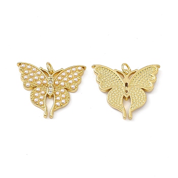 Rack Plating Brass Micro Pave Cubic Zirconia Pendants, with Jump Ring & Plastic Imitation Pearl, Cadmium Free & Lead Free, Long-Lasting Plated, Butterfly Charm, Real 18K Gold Plated, 23.5x28x3.5mm, Hole: 3.4mm