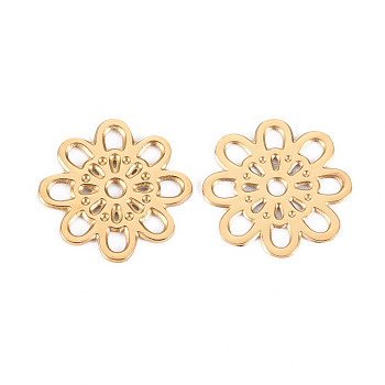304 Stainless Steel Filigree Joiners Links, Flower, Real 14K Gold Plated, 14x14x1mm, Hole: 1.5mm