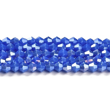 Opaque Solid Color Electroplate Glass Beads Strands, AB Color Plated, Faceted, Bicone, Medium Blue, 4x4mm, Hole: 0.8mm, about 82~85pcs/strand, 12.01~12.2 inch(30.5~31cm)