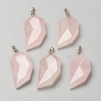 Natural Rose Quartz Pendants, Lover Half Heart Stone Faceted Charms with Platinum Brass Snap on Bails, 39x21x8.5mm, Hole: 4x3.5mm