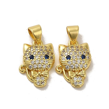 Rack Plating Brass Micro Pave Cubic Zirconia Pendants, Long-Lasting Plated, Lead Free & Cadmium Free, Cat, Real 18K Gold Plated, 16x11x3.5mm, Hole: 4x3mm