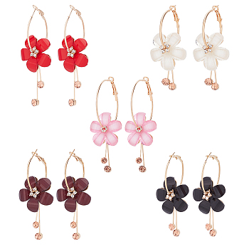 5 Pairs 5 Colors Acrylic Flower Dangle Hoop Earrings with Rhinestone Tassel, Light Gold Alloy Long Drop Earrings for Woman, Mixed Color, 72x27mm, 1 Pair/color