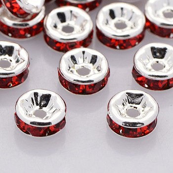 Brass Rhinestone Spacer Beads, Grade A, Straight Flange, Silver Color Plated, Rondelle, Light Siam, 7x3.2mm, Hole: 1.2mm
