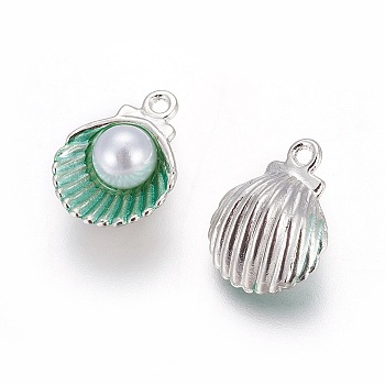 Alloy Enamel Pendants, with Acrylic Pearl Beads, Shell, Platinum, Green, 15x11.5x7mm, Hole: 1.4mm