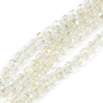 Transparent Electroplate Glass Beads Strands, Faceted, Rondelle, Full Rainbow Plated, Champagne Yellow, 5.5x3.5~4mm, Hole: 1mm, about 100pcs/strand, 21.65~22.05 inch(55~56cm)