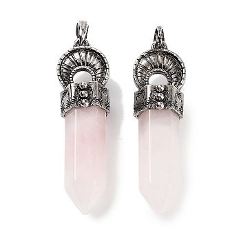 Natural Rose Quartz Pointed Big Pendants, Faceted Bullet Charms with Rack Plating Antique Silver Plated Alloy Horn, 61~62x17.5x16mm, Hole: 7x6.5mm