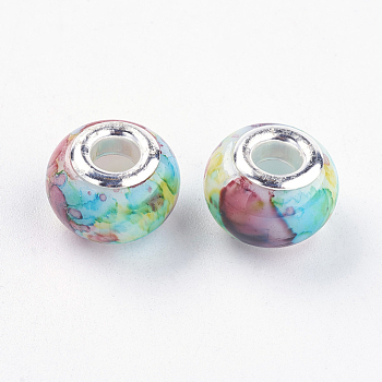 Glass European Beads, Large Hole Beads, with Brass Cores, Rondelle, Colorful, 14~15x10~11mm, Hole: 5mm