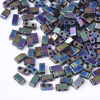 Electroplate Opaque Glass Seed Beads, 2-Hole, Rectangle, Rainbow Plated, 4.5~5.5x2x2~2.5mm, Hole: 0.5~0.8mm