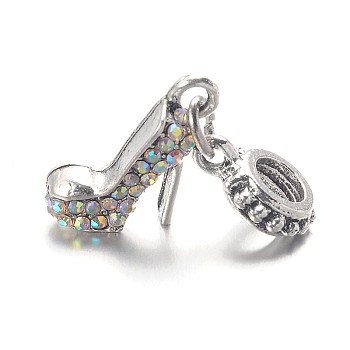 High-heeled Shoes Alloy Glass Rhinestone European Dangle Charms, Large Hole Pendants, Antique Silver, Crystal AB, 27mm, Hole: 4.5mm
