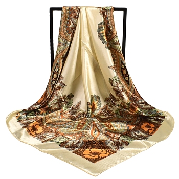 Large Square Satin Head Scarf, Printed Hair Bandanas for Women, Camel, 900x900mm