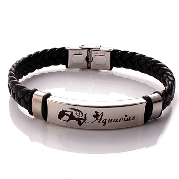 Braided Leather Cord Bracelets, Constellation Bracelet for Men, Aquarius, 8-1/4 inch(21cm)