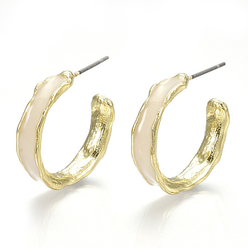 Alloy Stud Earrings, Half Hoop Earrings, with Enamel and Steel Pins, Light Gold, Antique White, 21.5x23x5.5mm, Pin: 0.7mm