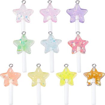 Nbeads 40Pcs 10 Colors Resin Pendants, with Platinum Tone Iron Loop and Paillette/Sequins, Plastic Handle, Star Lollipop, Mixed Color, 42x20x7mm, Hole: 2mm, 4pcs/color