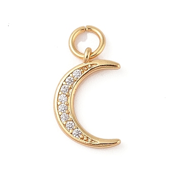 Brass Micro Pave Clear Cubic Zirconia Pendants, with Jump Ring, Moon Charm, Real 18K Gold Plated, 14x9x2mm, Hole: 3mm