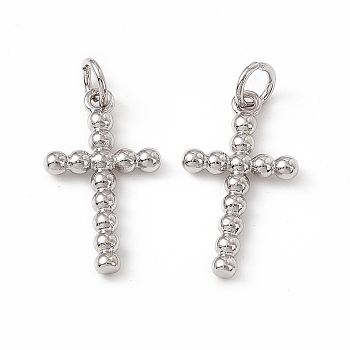 Brass Pendants, Religion Cross Charms, with Open Jump Rings, Real Platinum Plated, 20x11x2mm, Hole: 3mm, Ring: 5x0.9mm